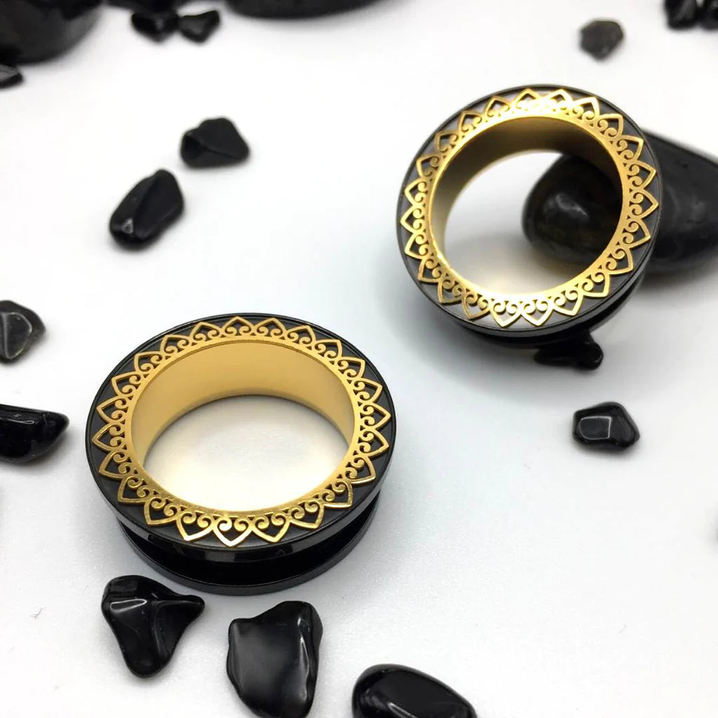 Golden Mandala Steel Tunnels - black steel with intricate golden mandala design on the rim