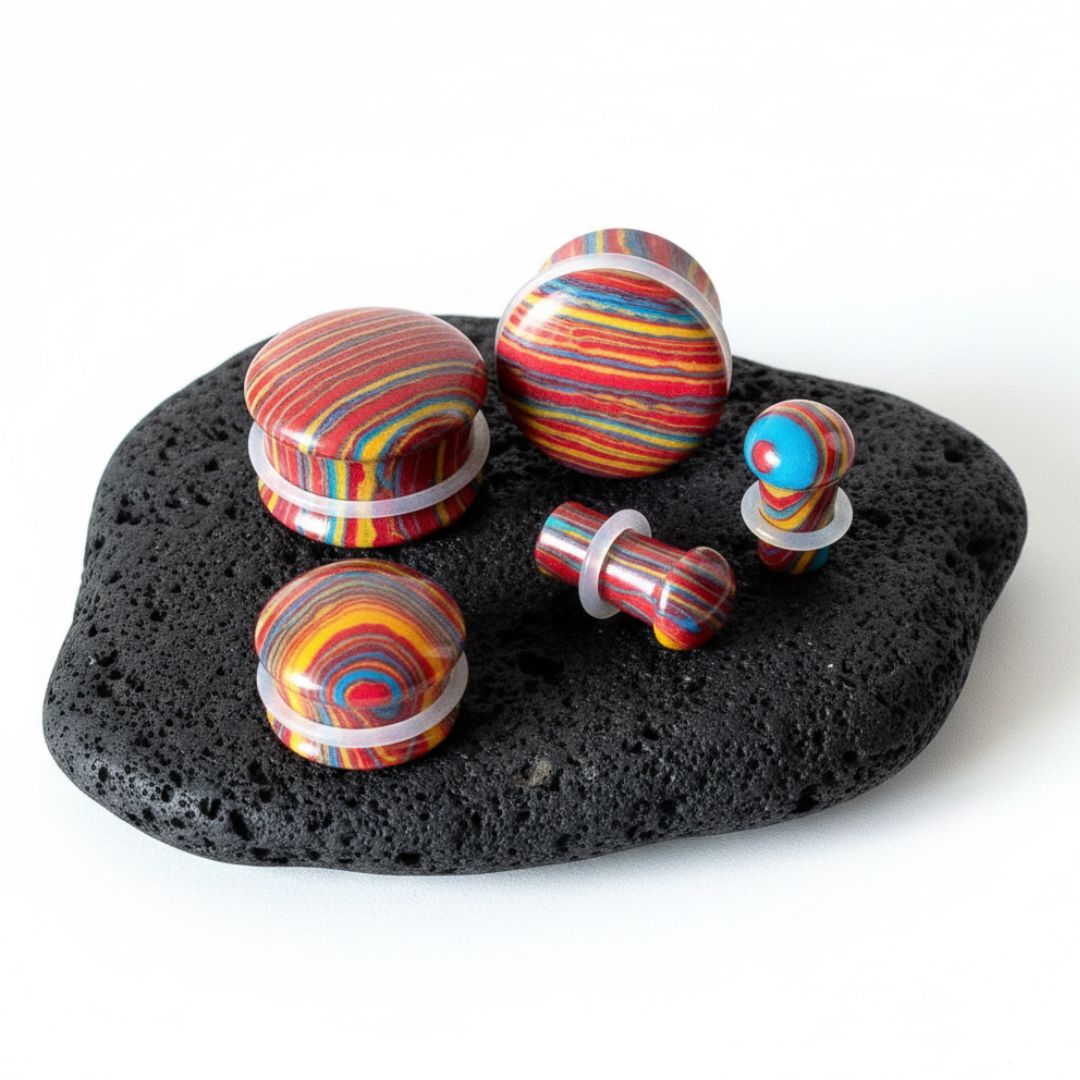 Psychedelic Stone Plugs in synthetic stone (6-16mm) on rock against a white background.