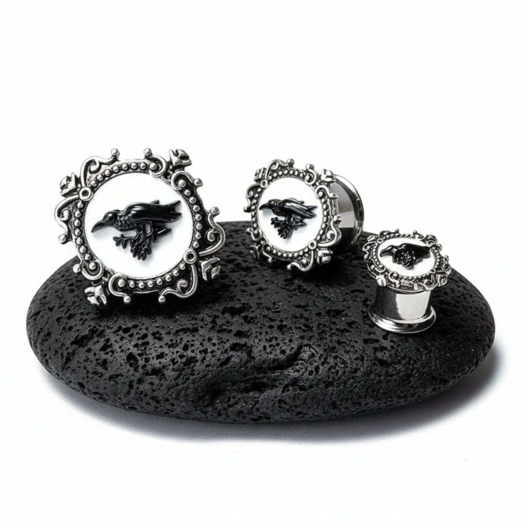 A pair of Steel Antique Raven Plugs sitting on stone against a clean white background.