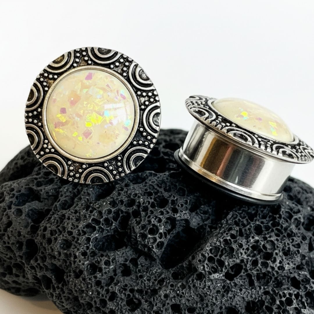 Pair of steel opal inlay plugs (gauges) 1 inch (25mm) size for stretched ears. Grungy alternative jewelry.