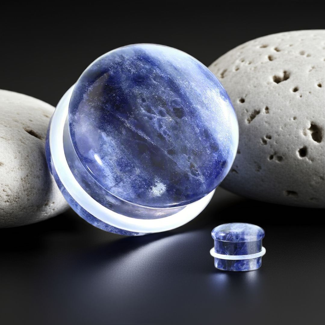 Pair of single flare sodalite ear plugs with deep blue and white marbled patterns, set on a textured dark background