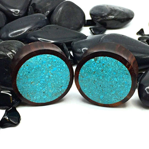 Wood And Crushed Turquoise Plugs