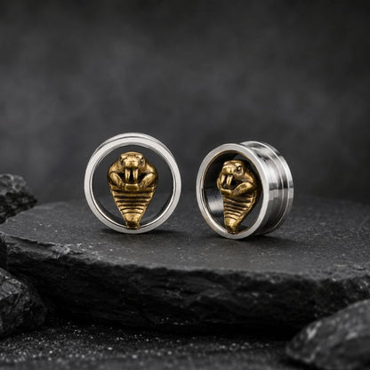 A pair of silver-toned flatback ear plugs with a gold-toned cobra snake design in the center, displayed on a dark textured slate surface.