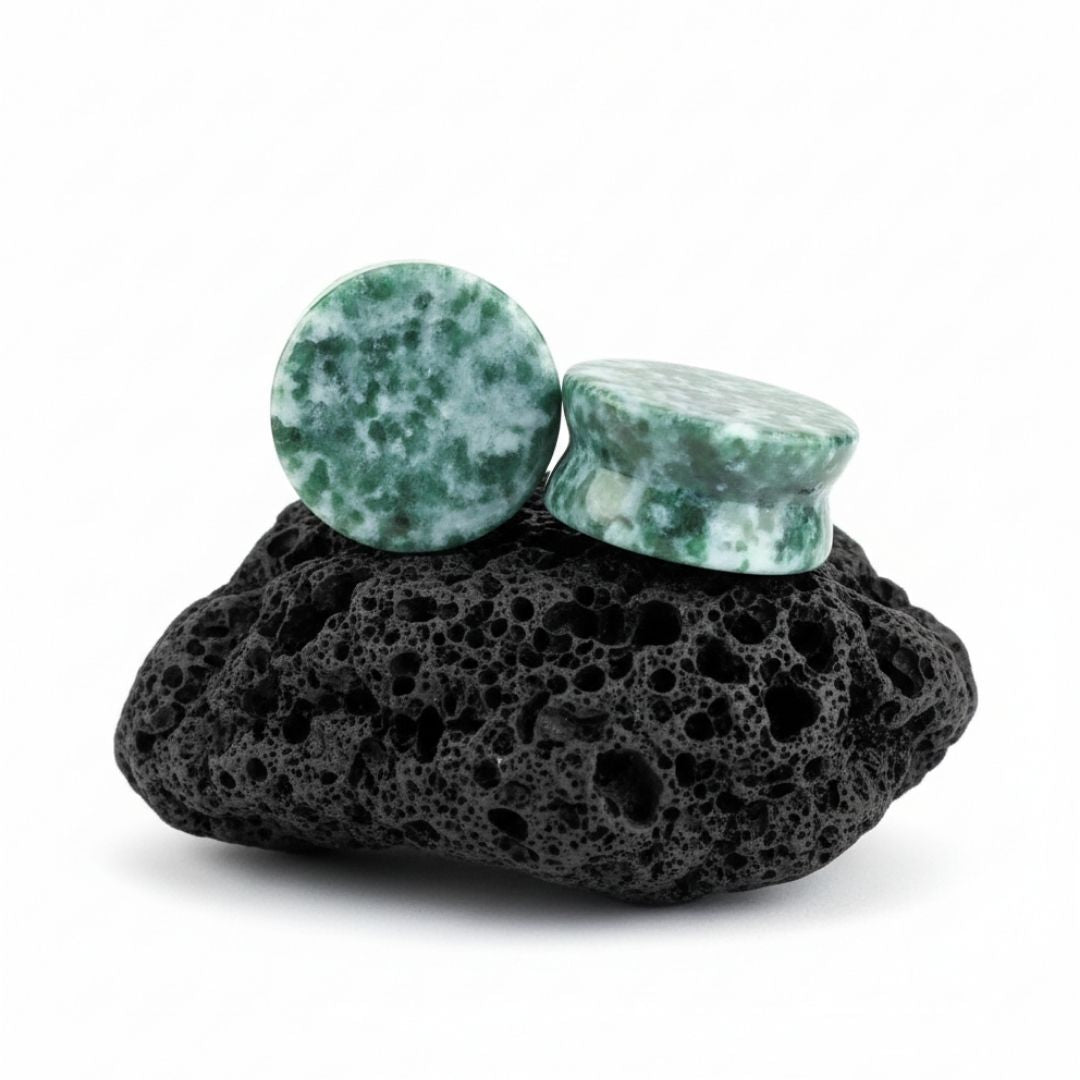 Pair of deep aqua blue Amazonite stone plugs for stretched lobes. Natural gauges sized 6mm to 25mm. Alt jewelry.