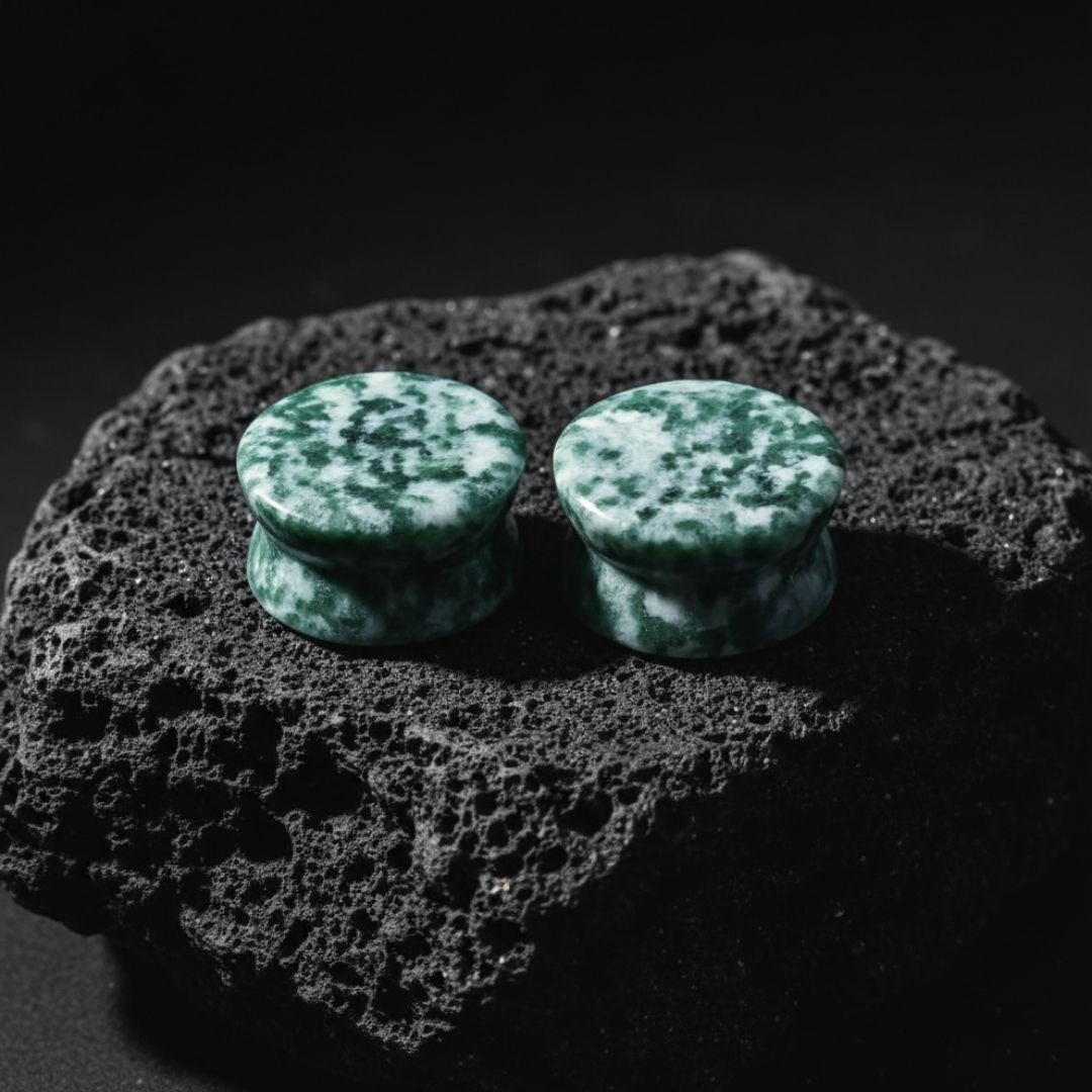 Pair of deep aqua blue Amazonite stone plugs for stretched lobes. Natural gauges sized 6mm to 25mm. Alt jewelry.