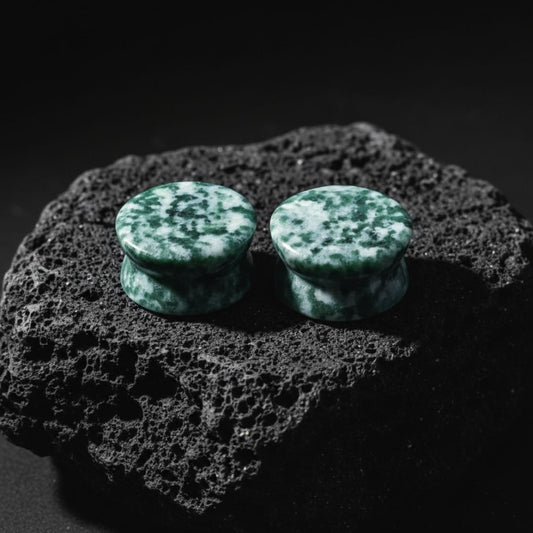 Pair of deep aqua blue Amazonite stone plugs for stretched lobes. Natural gauges sized 6mm to 25mm. Alt jewelry.
