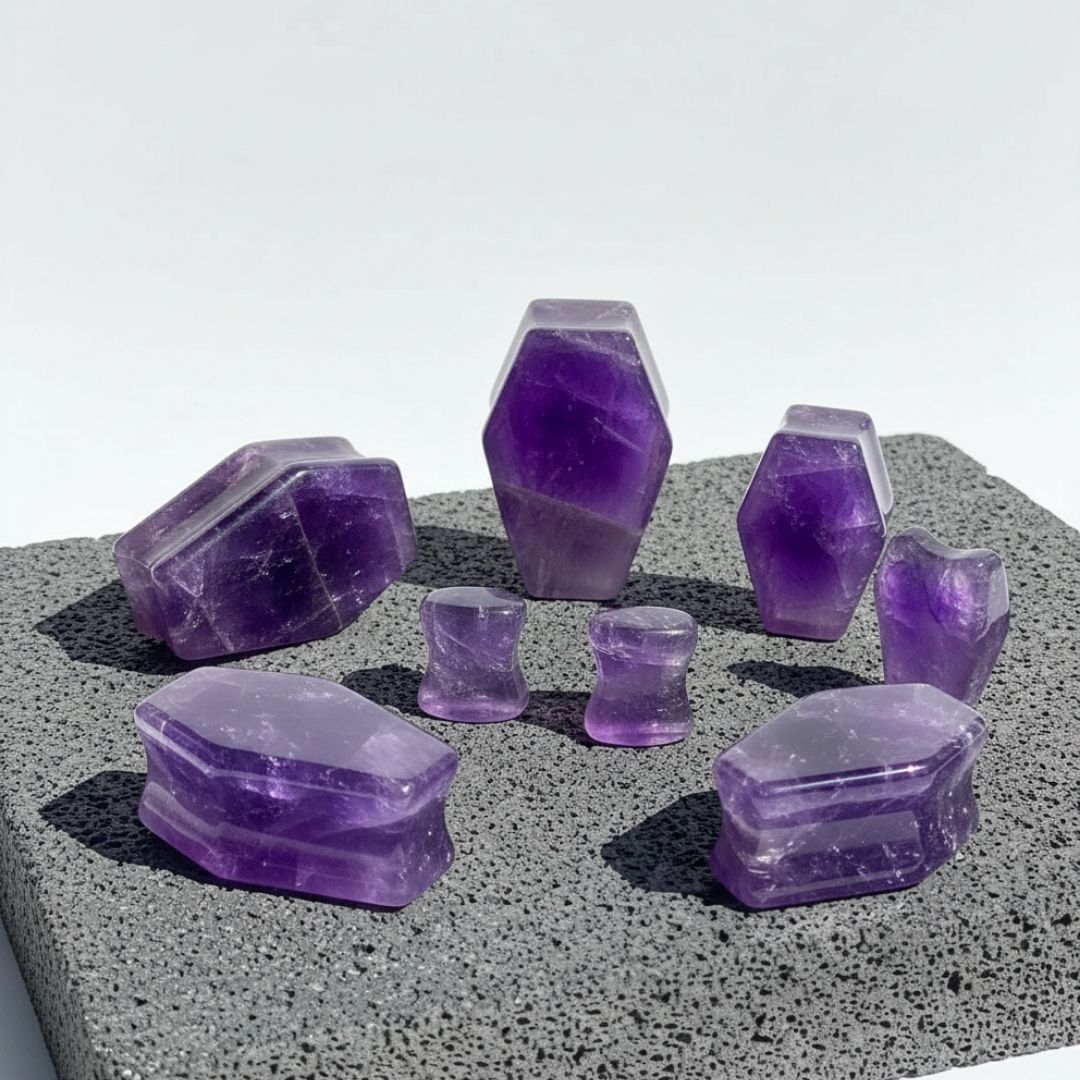 A pair of Amethyst Stone Coffin Plugs shown on dark stone against a clean white background.