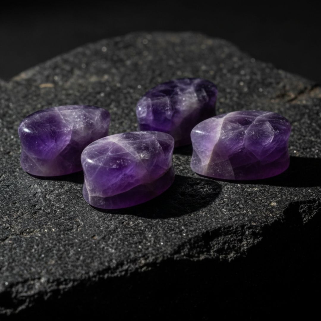 A close-up pair of deep purple, natural Amethyst stone teardrop plugs sitting on a dark surface. Stretched ear gauges jewelry.
