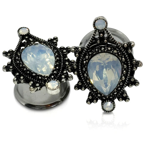 Antique-style Steel Plugs with Opalite Center and Filigree Teardrop Detail