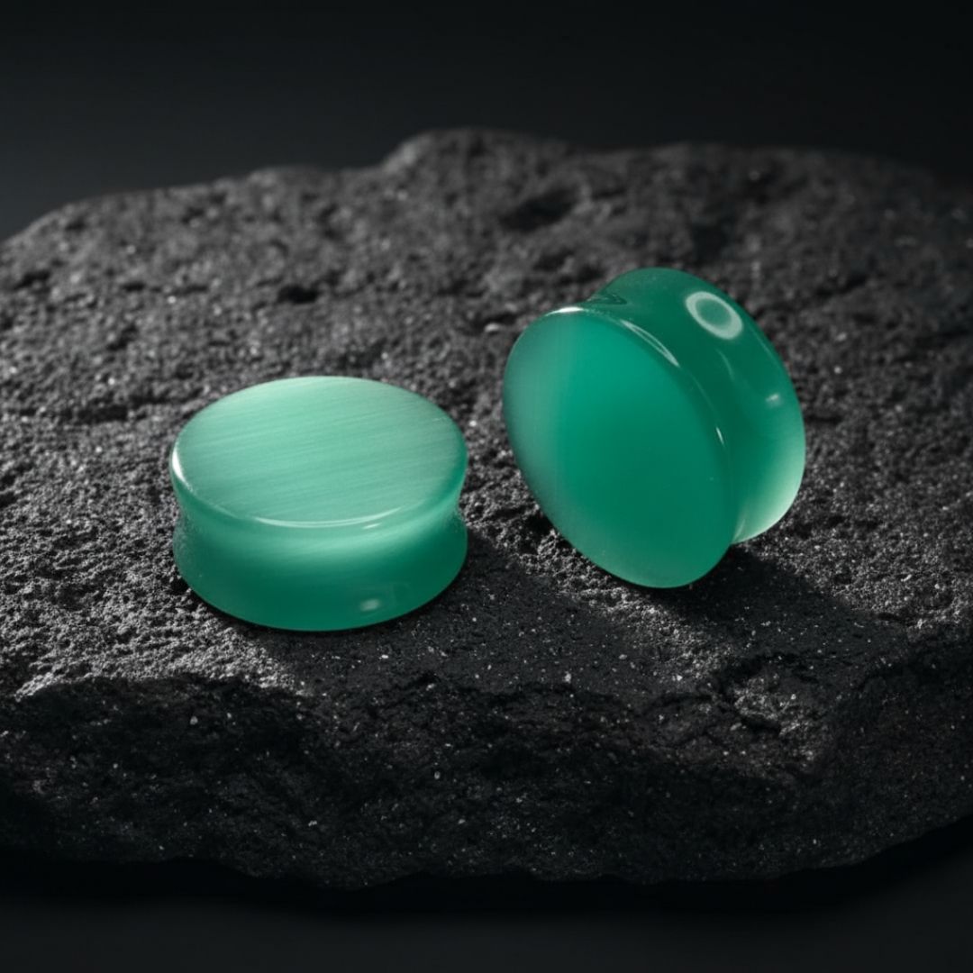 Pair of Aqua Dragon Eye stone plugs (Cat's Eye) for stretched ears. Double flare gauges 6mm (2G) to 25mm (1 inch).