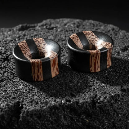 Pair of Coconut and Areng wood tunnels (6mm-25mm) for stretched earlobes. Dark organic wood gauges with light inlay.