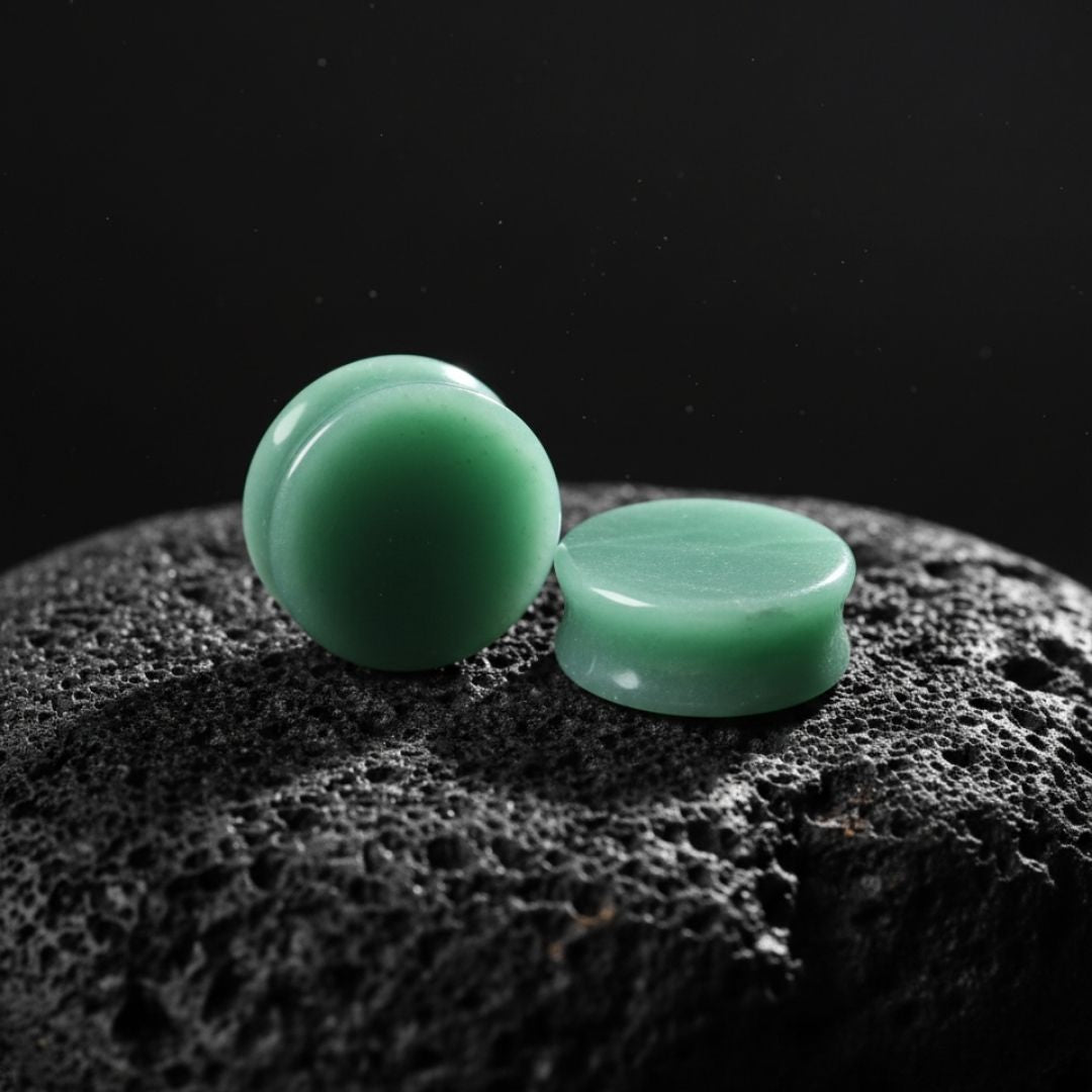 Pair of polished green Aventurine stone plugs for stretched lobes. Organic jewelry gauges 00g to 1 1/2 inch.