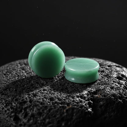 Pair of polished green Aventurine stone plugs for stretched lobes. Organic jewelry gauges 00g to 1 1/2 inch.