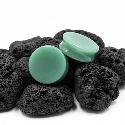 Pair of polished green Aventurine stone plugs for stretched lobes. Organic jewelry gauges 00g to 1 1/2 inch.