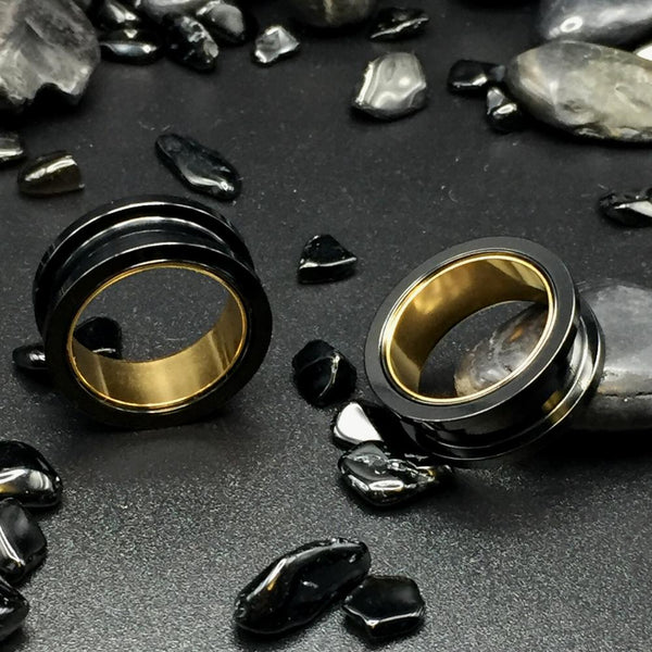 Premium Black And Gold Steel Screw Fit Tunnels 316L Steel Gauges