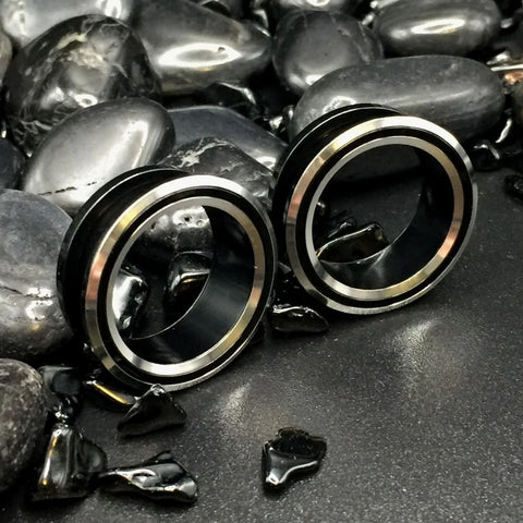 Black Tunnels with Silver Screw Fit Accents