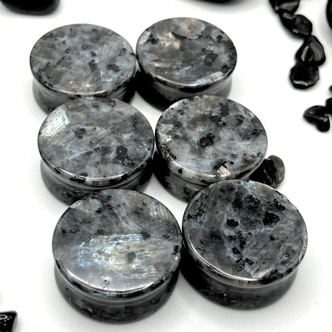 Black Labradorite Stone Plugs with iridescent sheen and polished finish