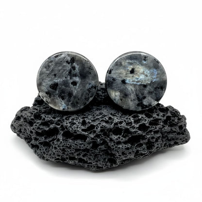 Pair of black labradorite stone plugs (gauges) for stretched ear lobes. Unique dark jewelry with subtle shimmer, 6mm to 25mm.