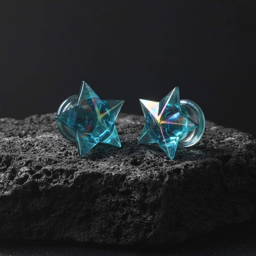 Pair of clear glass starfish plugs for stretched ears, shown on a dark background. Alt fashion body jewelry, sizes 6mm to 16mm.
