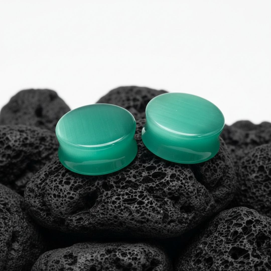 Pair of Aqua Dragon Eye stone plugs (Cat's Eye) for stretched ears. Double flare gauges 6mm (2G) to 25mm (1 inch).