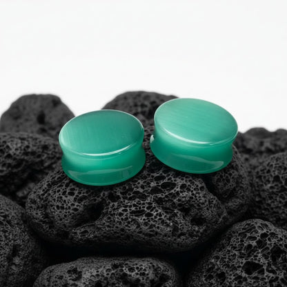 Pair of Aqua Dragon Eye stone plugs (Cat's Eye) for stretched ears. Double flare gauges 6mm (2G) to 25mm (1 inch).