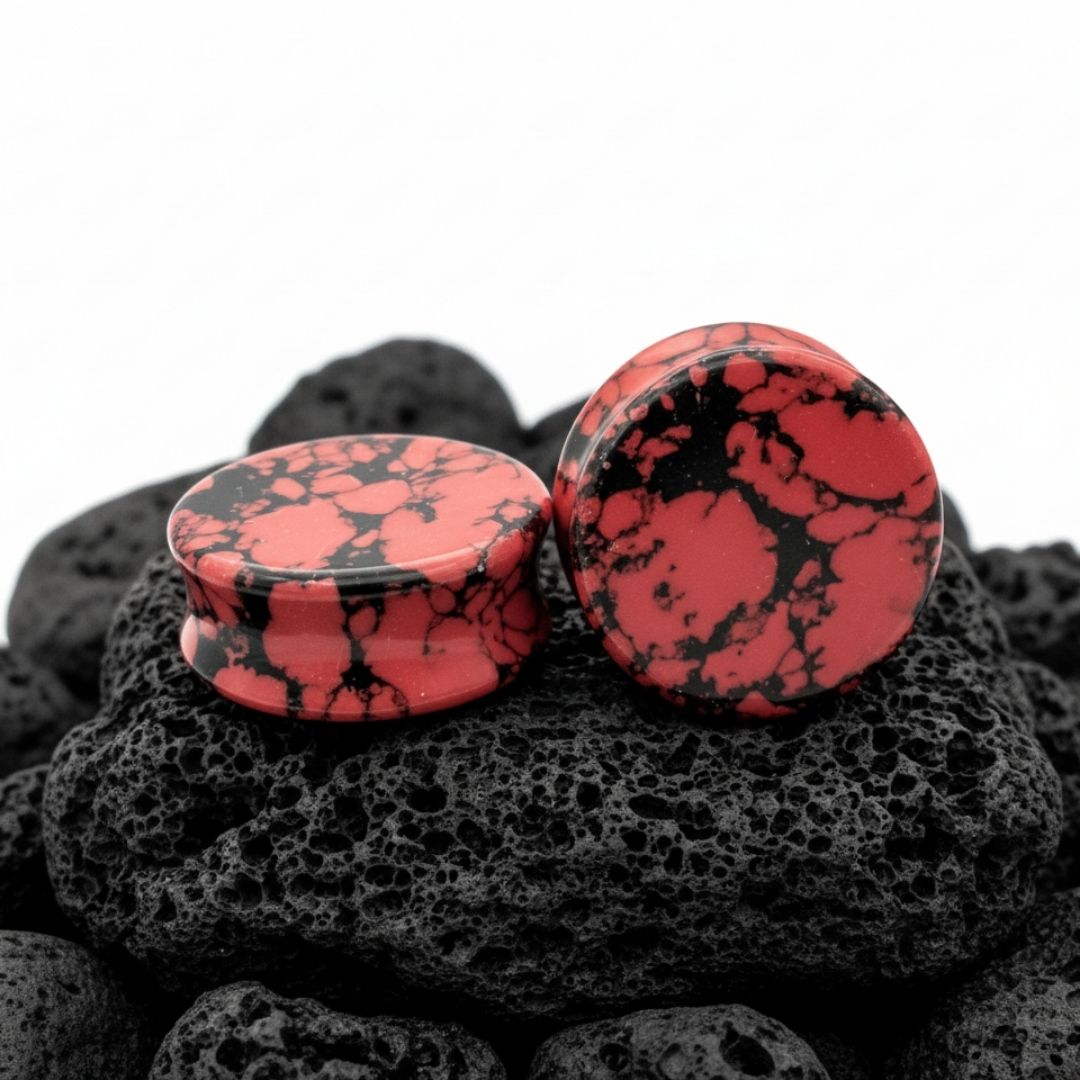 Pair of Crimson Turquoise Stone Plugs (Gauges) in deep red and blue for stretched ears, sizes 2G to 1 inch, alt jewelry.