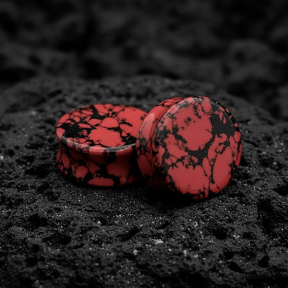 Pair of Crimson Turquoise Stone Plugs (Gauges) in deep red and blue for stretched ears, sizes 2G to 1 inch, alt jewelry.