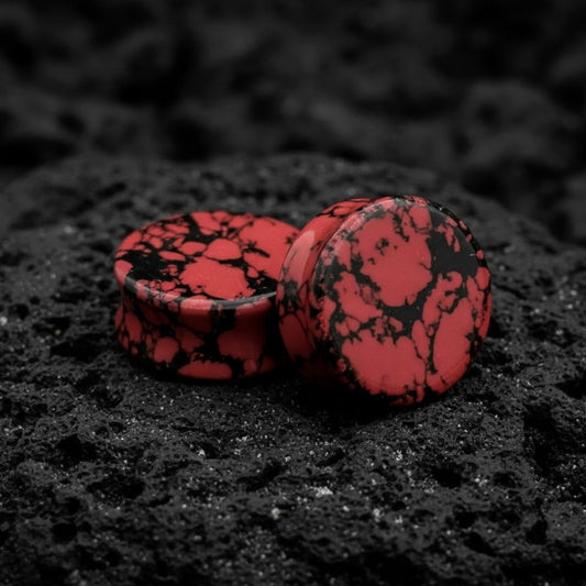 Pair of Crimson Turquoise Stone Plugs (Gauges) in deep red and blue for stretched ears, sizes 2G to 1 inch, alt jewelry.