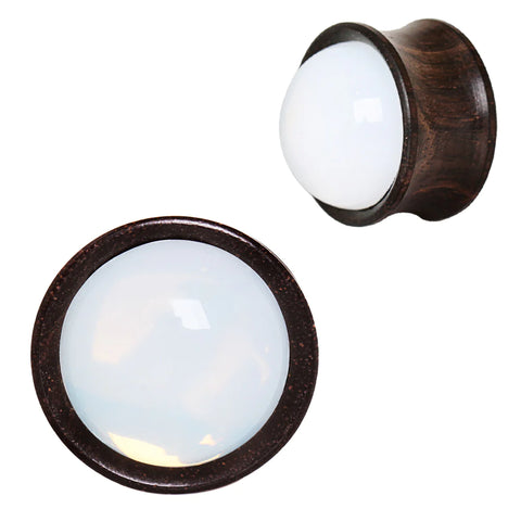 "Ebony Wood Plugs featuring radiant Opalite Stone inlay