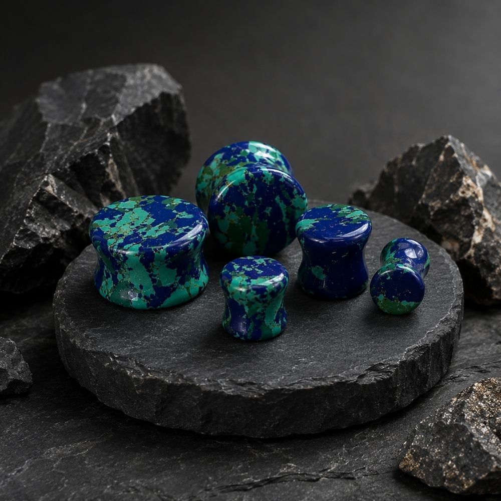 A set of polished blue and green marbled stone plugs arranged on a round black stone slab, with dark rocks around them against a dark studio background.