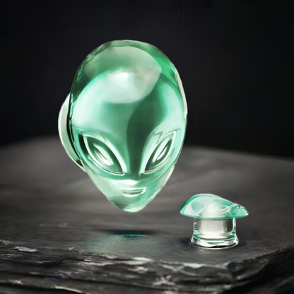Glass gauges shaped like alien heads