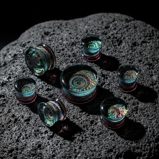 Glass Cosmos Plugs (6mm-25mm) on dark volcanic rock with dramatic side lighting.