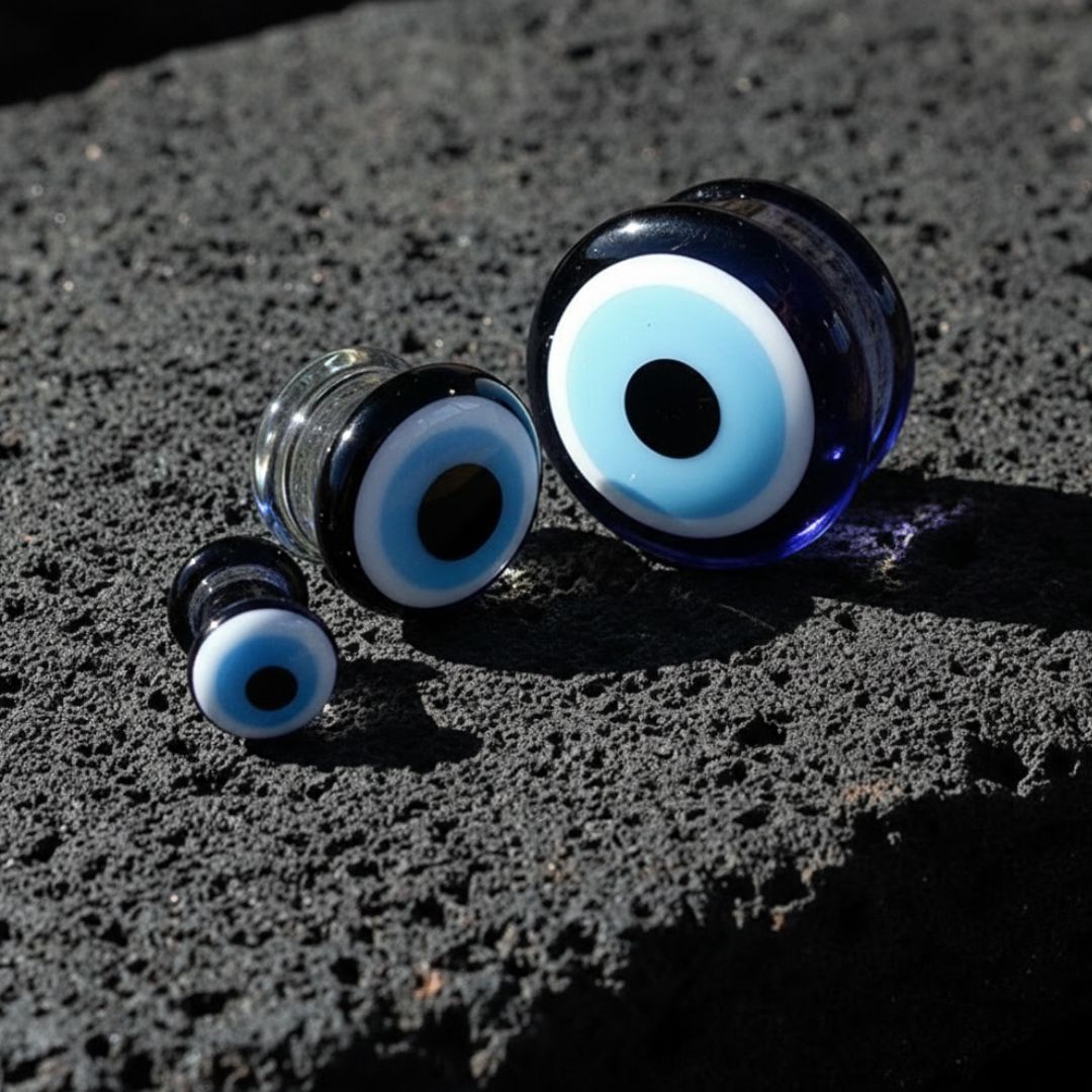 The Warding Eye Glass Plugs on dark volcanic rock with dramatic side lighting.