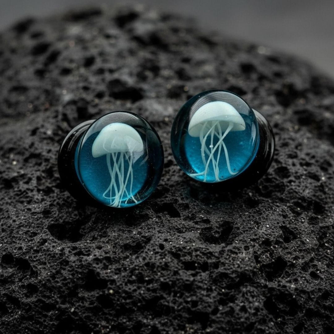 Pair of clear glass plugs with white jellyfish design inside, ideal for stretched ears, sold by ThePlugCrate.