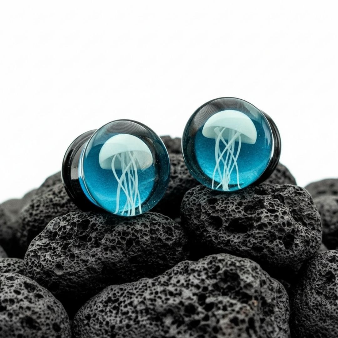 Pair of clear glass plugs with white jellyfish design inside, ideal for stretched ears, sold by ThePlugCrate.
