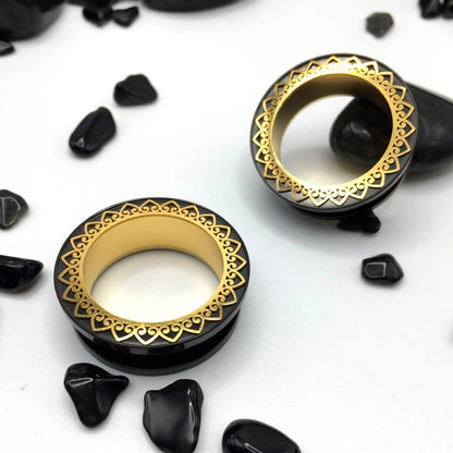 Golden Mandala Steel Tunnels - black steel with intricate golden mandala design on the rim