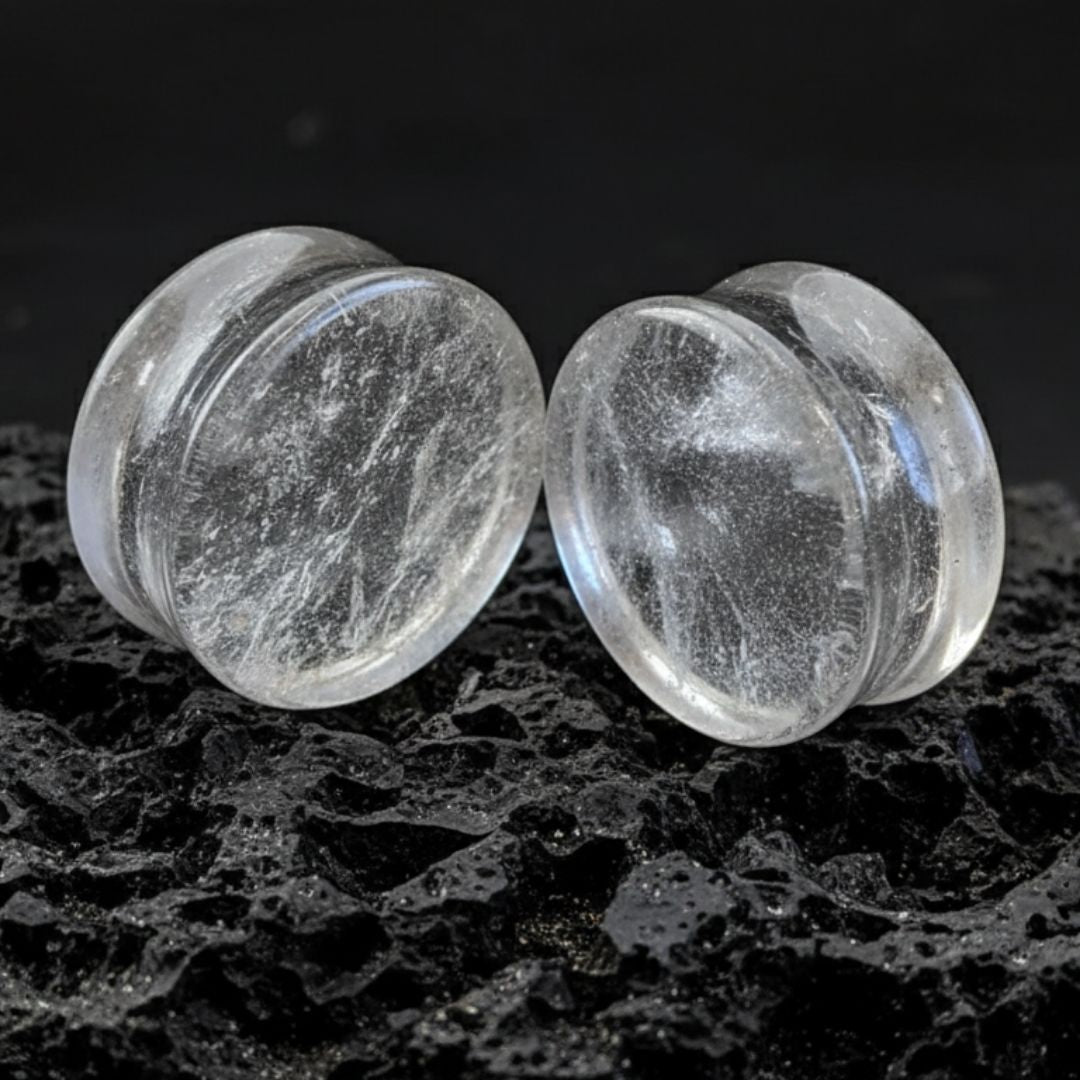 Pair of genuine Icicle Quartz plugs, light grey natural stone gauges with a raw texture, perfect for stretched ear jewelry.
