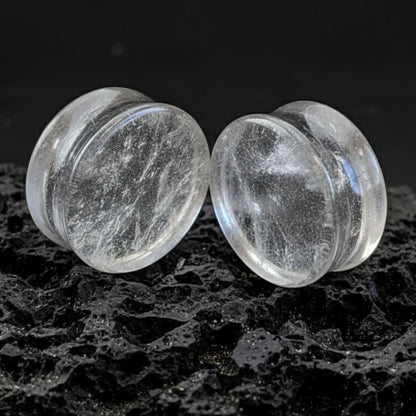 Pair of genuine Icicle Quartz plugs, light grey natural stone gauges with a raw texture, perfect for stretched ear jewelry.