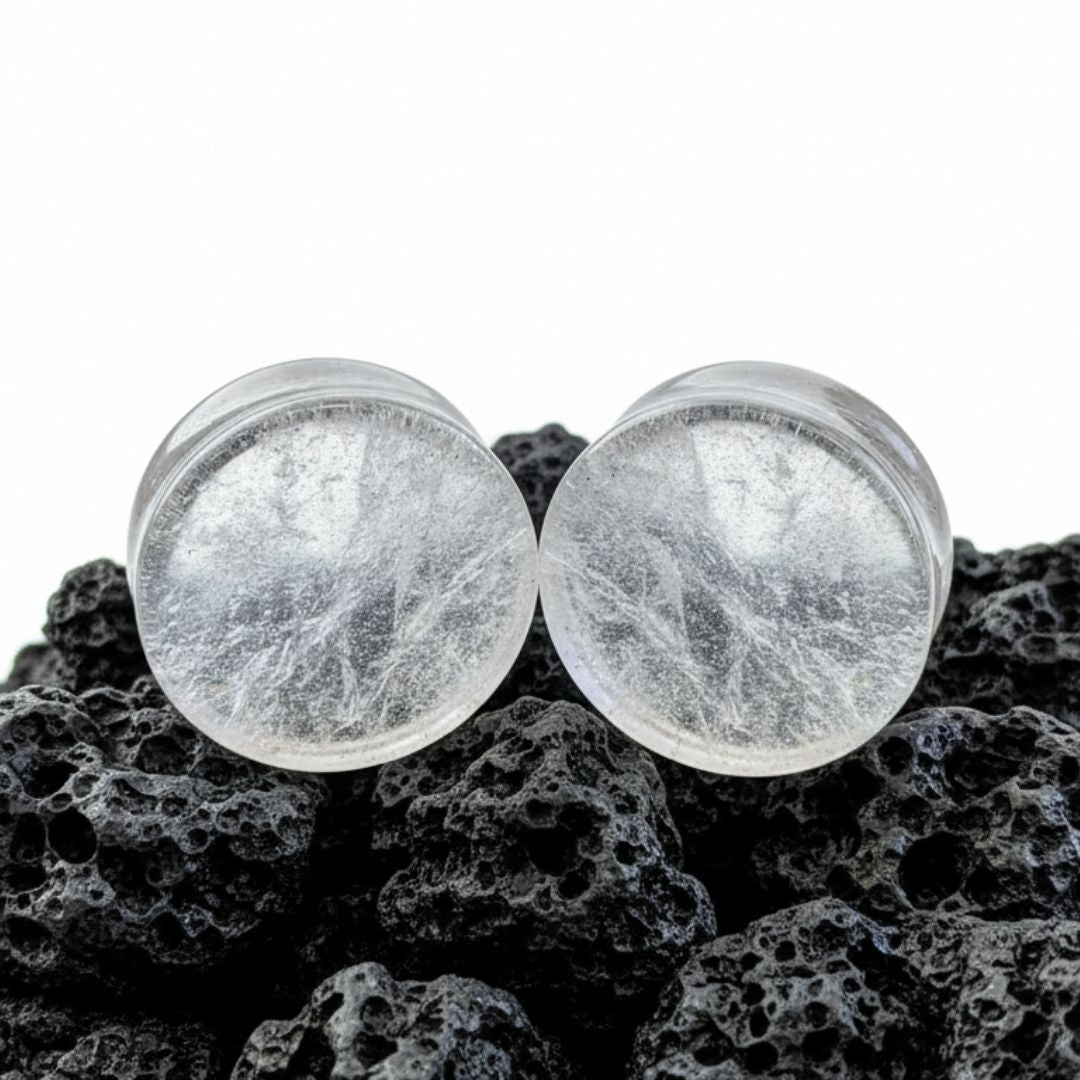 Pair of genuine Icicle Quartz plugs, light grey natural stone gauges with a raw texture, perfect for stretched ear jewelry.