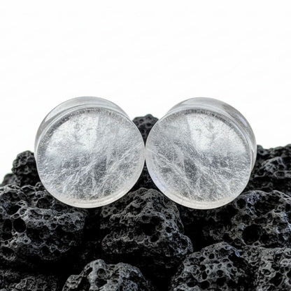 Pair of genuine Icicle Quartz plugs, light grey natural stone gauges with a raw texture, perfect for stretched ear jewelry.