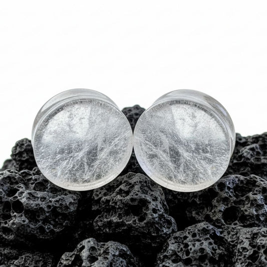 Pair of genuine Icicle Quartz plugs, light grey natural stone gauges with a raw texture, perfect for stretched ear jewelry.