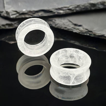 Pair of Icicle Quartz Stone Tunnels (Gauges) in double-flared design. Crystalline stone plugs for stretched ear alt jewelry.