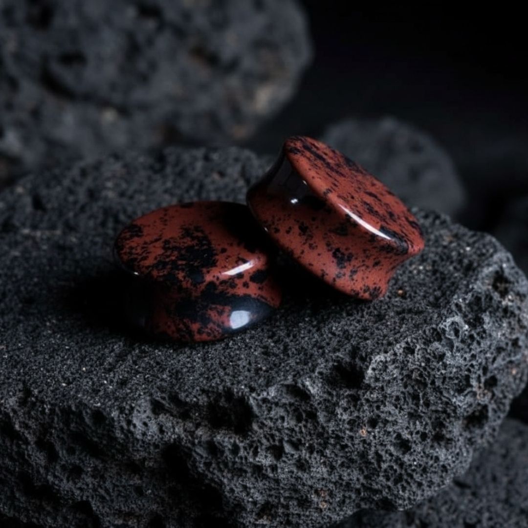 Double flared Mahogany Obsidian stone plugs and stretched ear gauges in large sizes, alternative body jewelry for stretched lobes.