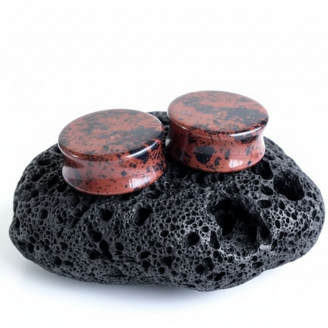 Double flared Mahogany Obsidian stone plugs and stretched ear gauges in large sizes, alternative body jewelry for stretched lobes.