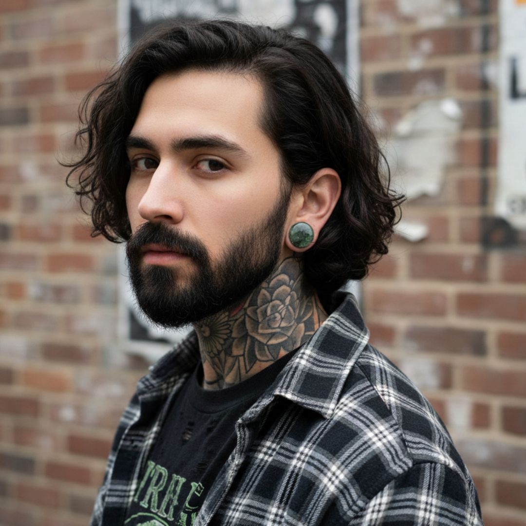 Man with tattoos and plaid shirt standing against a brick wall wearing moss glass plugs in his stretched ears