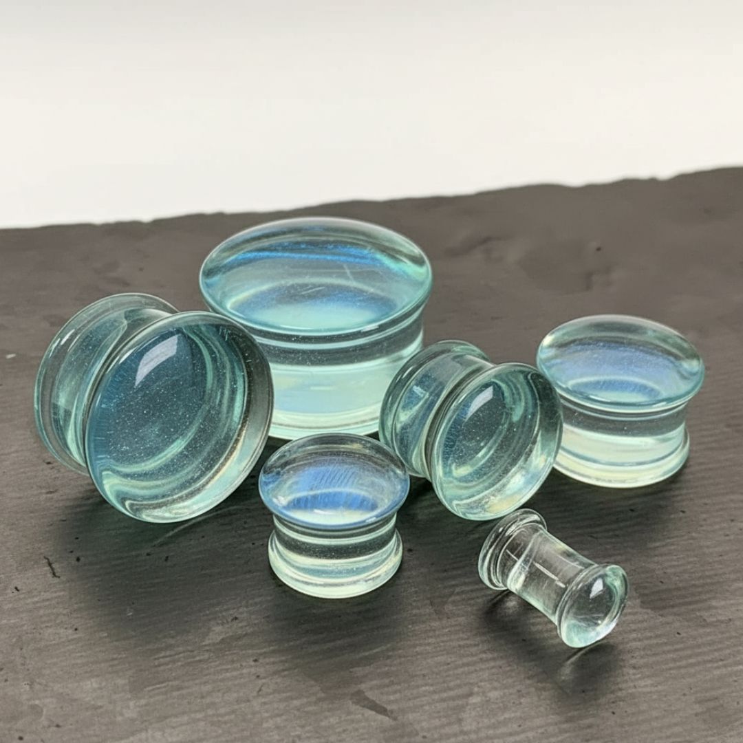 A pair of Ocean Current Glass Plugs (6mm-25mm) on stone against a white background.