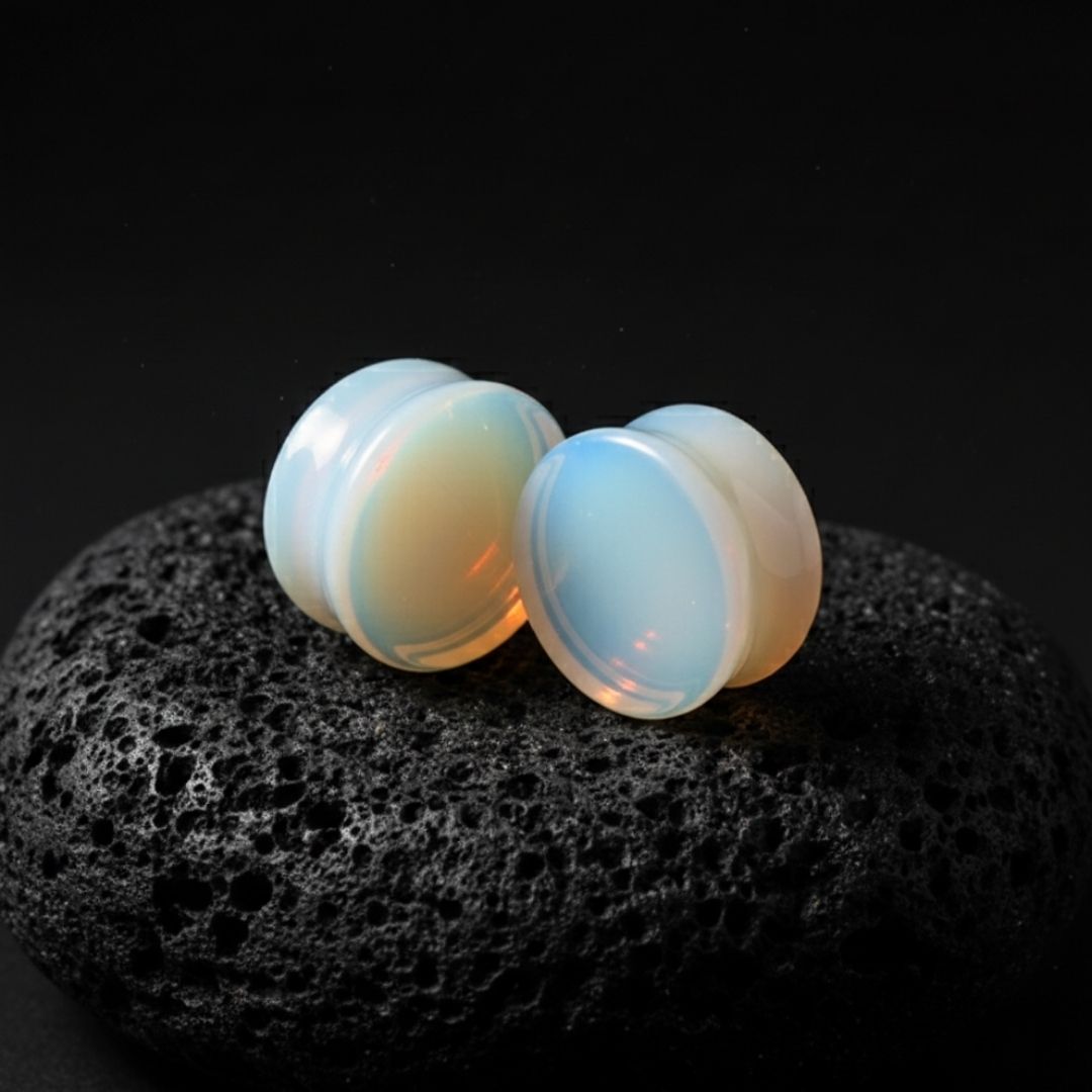 Double-flared opalite glass plugs for stretched ears. Milky white gauges glowing blue, displayed on a dark surface.