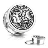 Silver plated plugs showcasing a detailed pentagram surrounded by crescent moons.