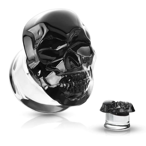 Solid Black Skull Shaped Pyrex Glass Ear Plugs.