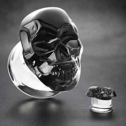 Solid Black Skull Shaped Pyrex Glass Ear Plugs.